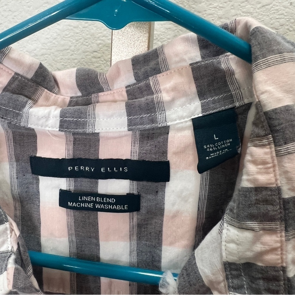 Perry Ellis short sleeve button down Linen Blend Grey White Pink Plaid Large - Picture 3 of 7